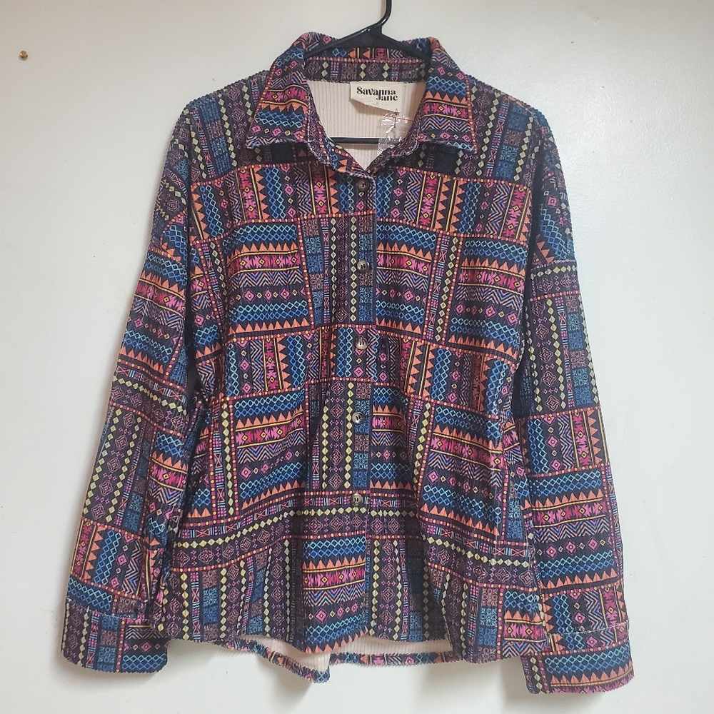 Savanna Jane Womens Tunic Shirt Aztec S Corduroy Large Colorful Ribbed (Black )